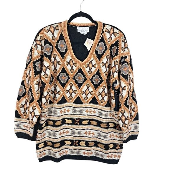 Vintage Jennifer Reed Hand Knit Sweater Medium Brown Cottagecore‎ Patchwork Boho - Picture 1 of 13
